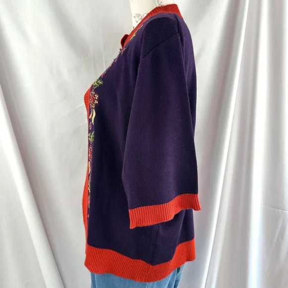 Wool‎ Blend Beaded Embroidered Sequin Open Cardigan Sweater Purple Red Floral - Picture 11 of 17